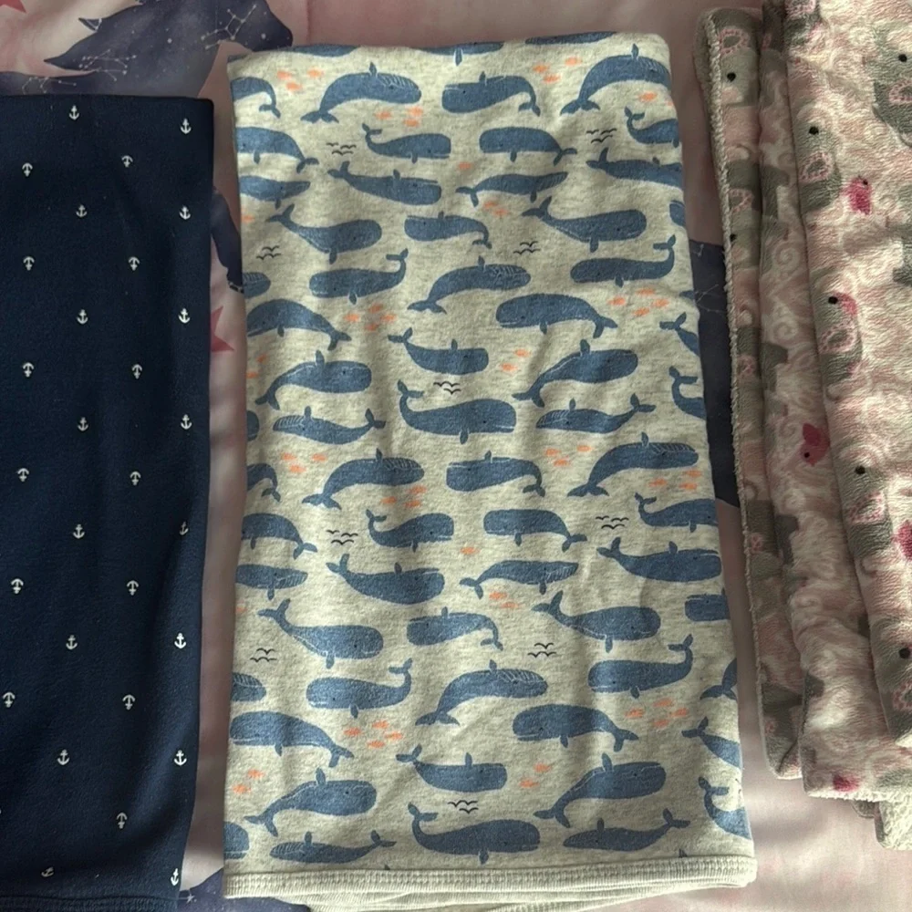 3 Navy, Blue, and Cream Whale Print baby Blankets